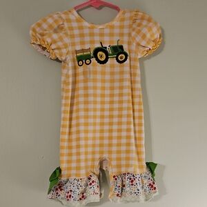 Yellow Gingham Baby Romper with Tractor Design Babygirl